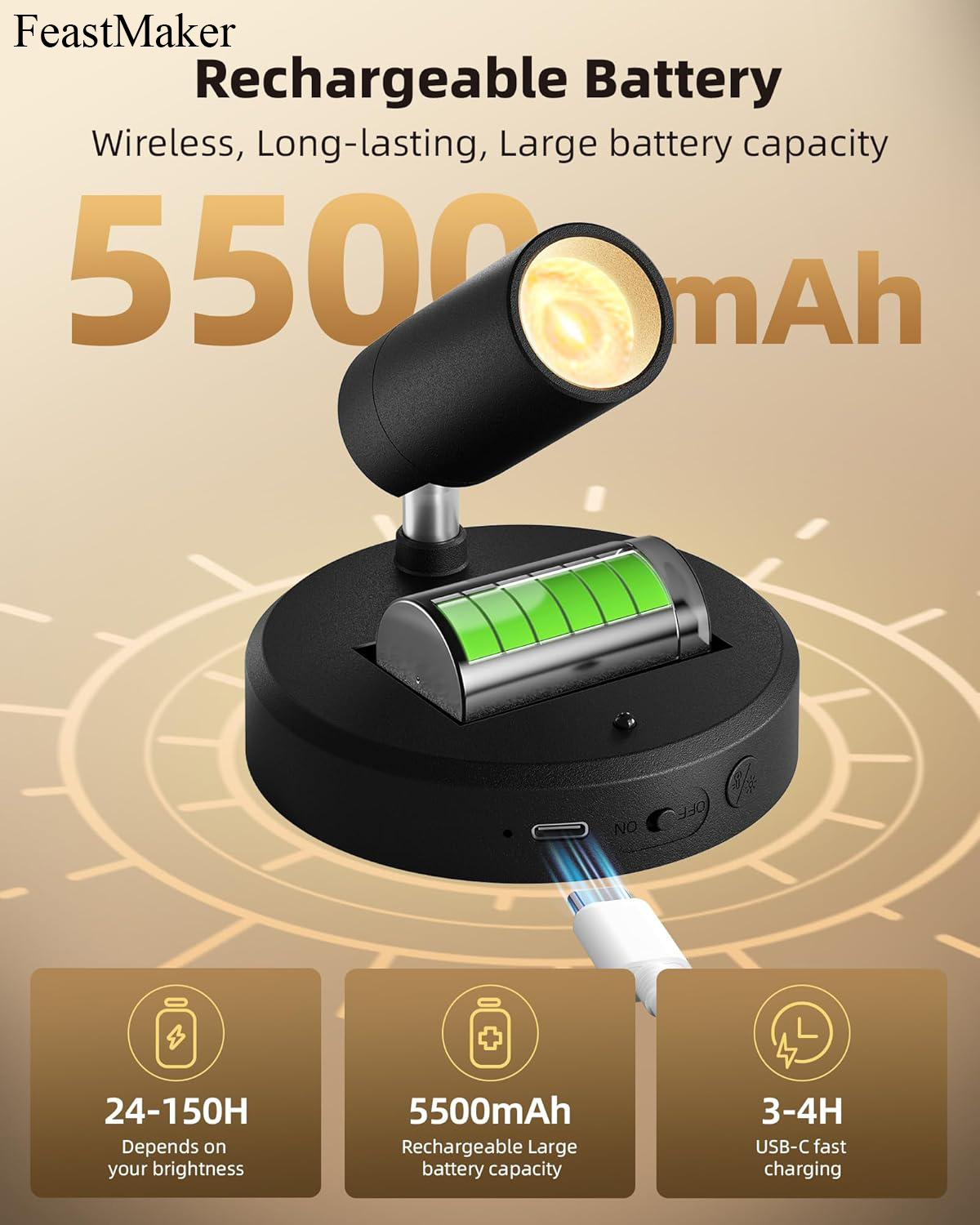 FeastMaker Lighting Apparatus Spotlights Indoor with Remote, 5500mAh Rechargeable Picture Lights, Wireless LED Uplighting with Timer&Dimmable - Image 7