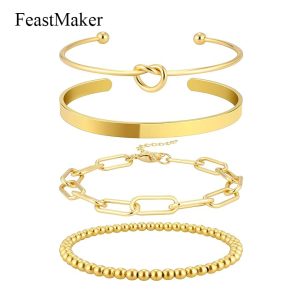 FeastMaker Jewelry 14K Gold Plated Bangle Cuff Bracelets for Women Non Tarnish Gold Bracelet Stack Jewelry