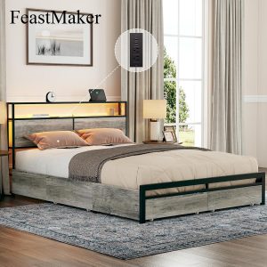 FeastMaker furniture Bed Frame with Storage Headboard and 4 Drawers LED Lighting Sturdy Metal Slat Support Non-Slip Noise-Free
